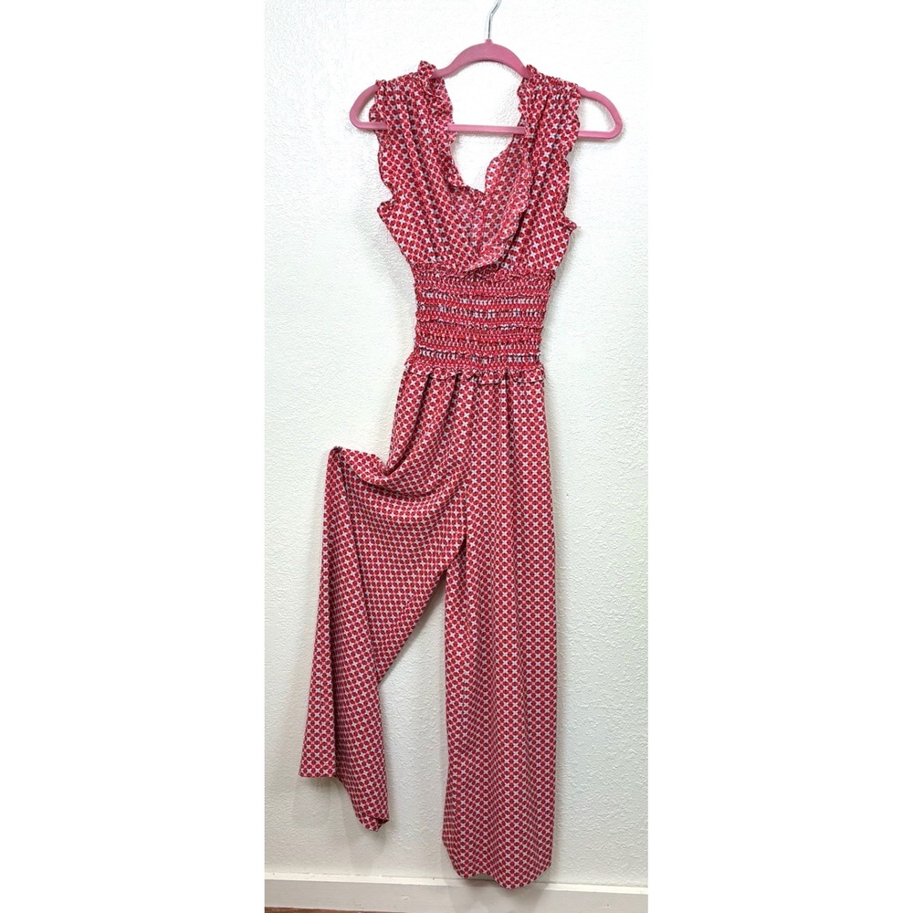 Max Studio Red Geometric Print Smocked Waist Ruffle Jumpsuit 8901C46 Small Boho